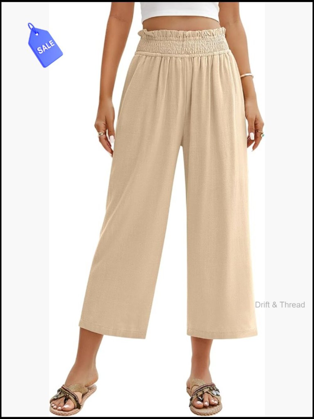 Linen Capri Pants Wide Leg Elastic High Waist Flowy Cropped Palazzo Pockets